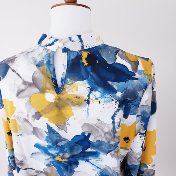 Shein Lune Floral Mock Neck Long Sleeve Blouse Size XL Teal Yellow - Picture 7 of 9